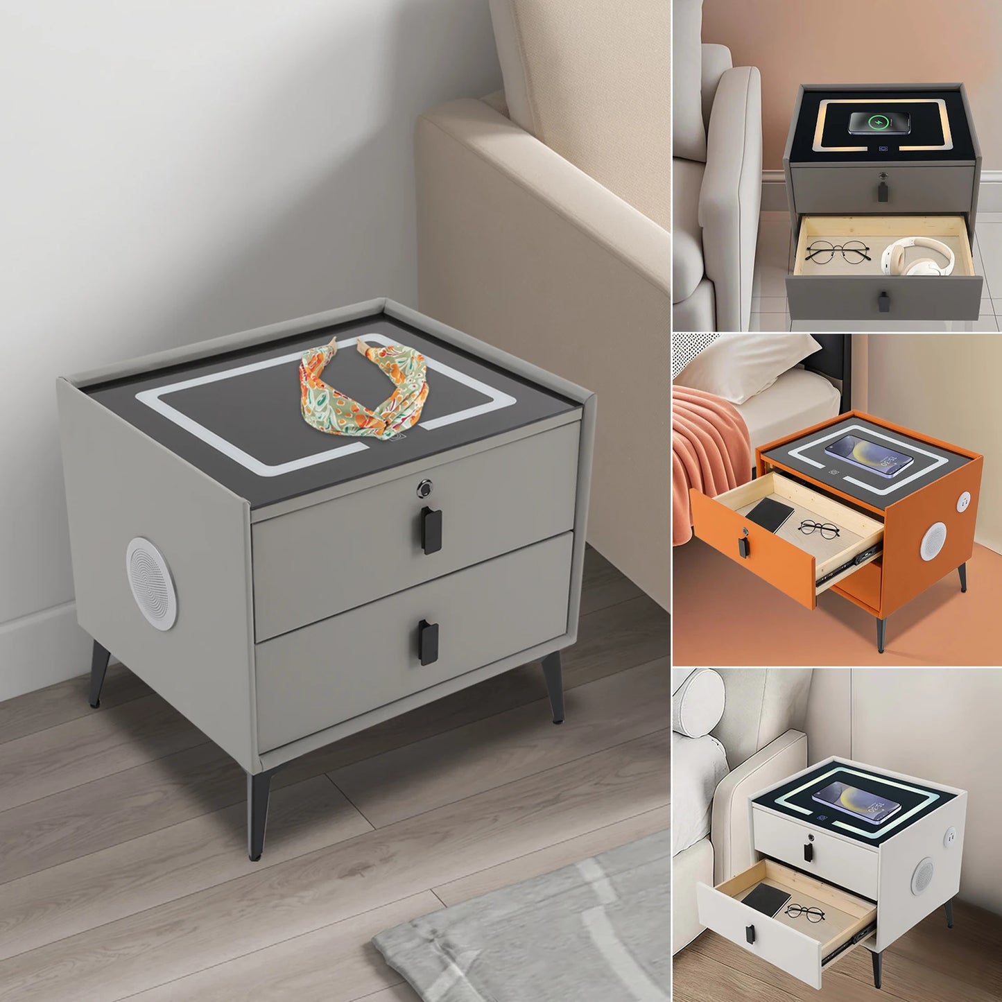 Modern Rectangular Bedside Table With Fingerprint Lock Drawers Bluetooth Speaker Smart Light USB& Wireless Charger