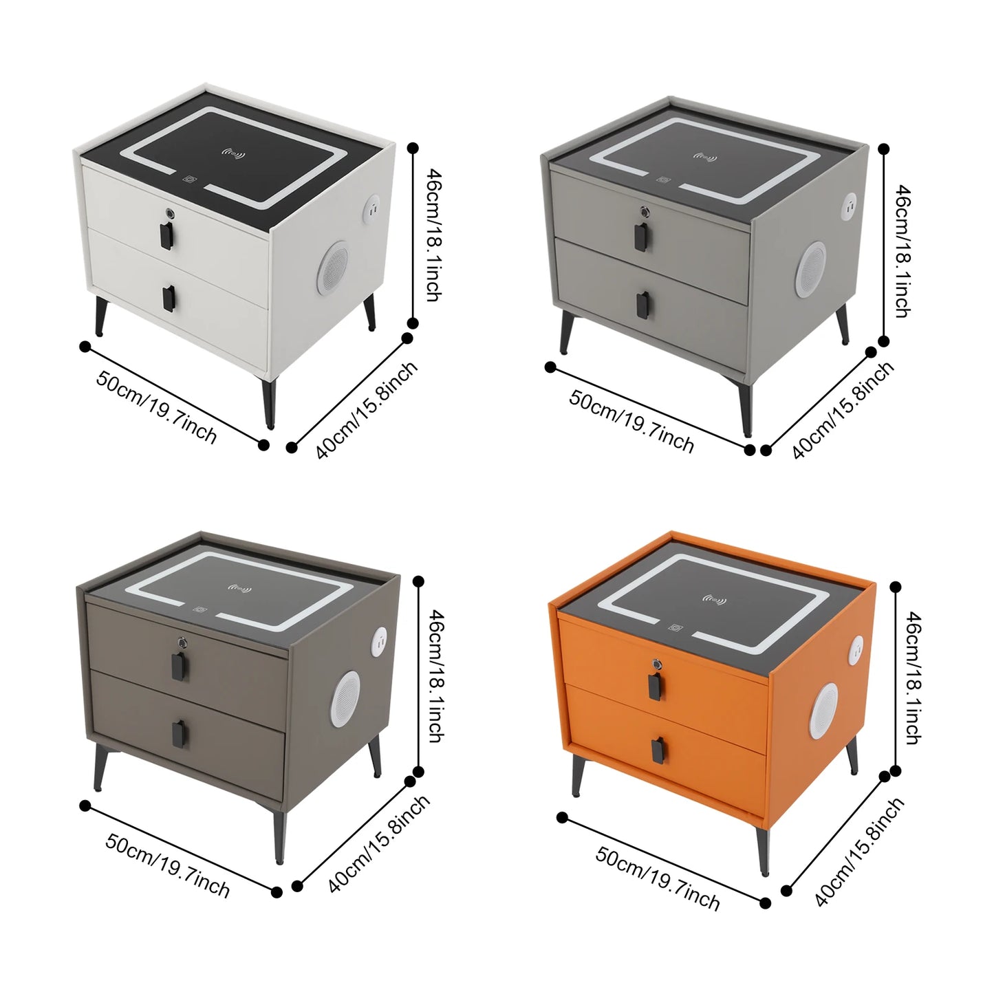 Modern Rectangular Bedside Table With Fingerprint Lock Drawers Bluetooth Speaker Smart Light USB& Wireless Charger
