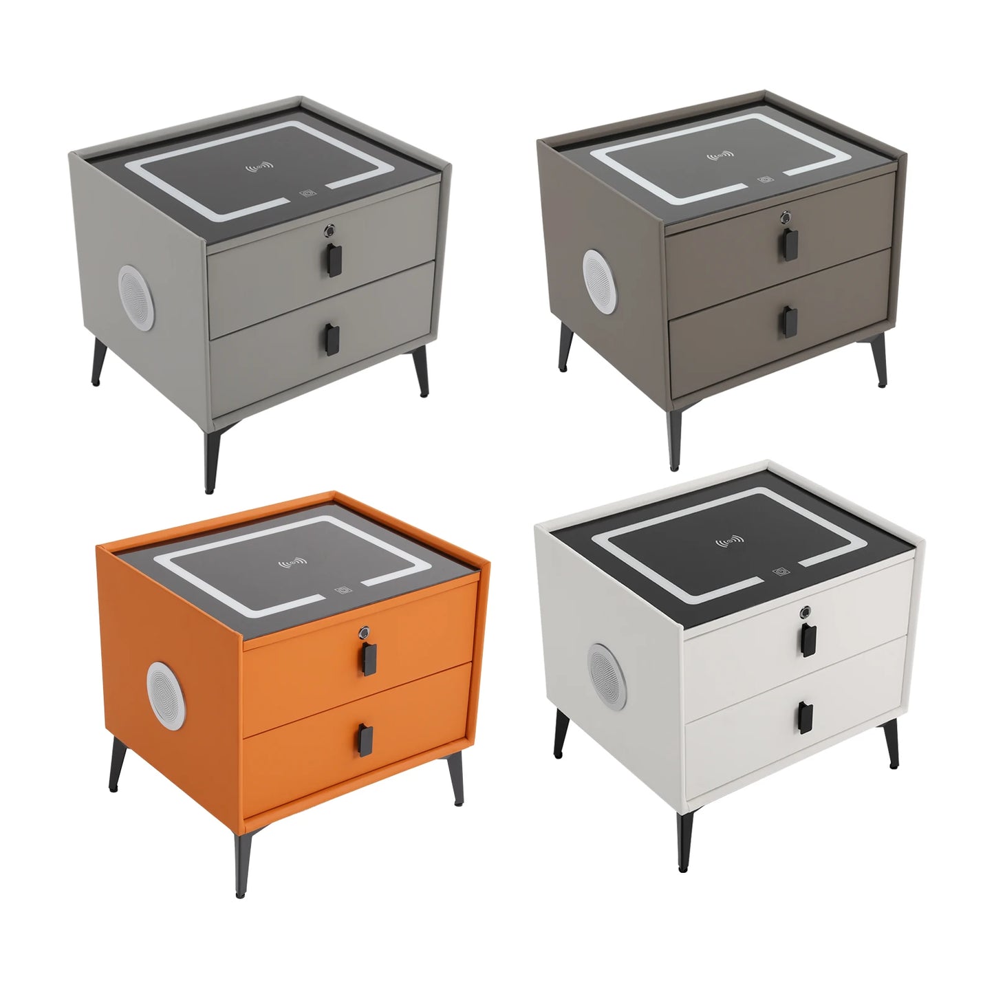 Modern Rectangular Bedside Table With Fingerprint Lock Drawers Bluetooth Speaker Smart Light USB& Wireless Charger