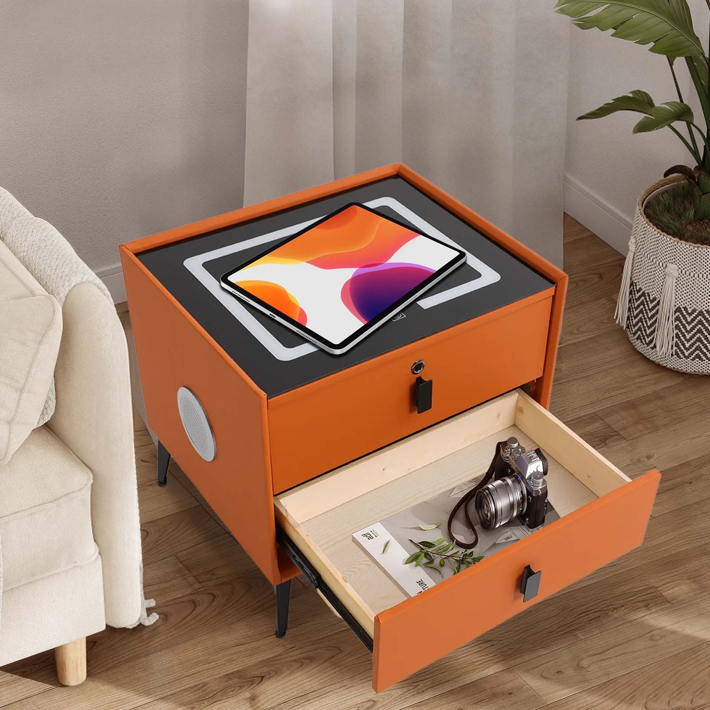Modern Rectangular Bedside Table With Fingerprint Lock Drawers Bluetooth Speaker Smart Light USB& Wireless Charger