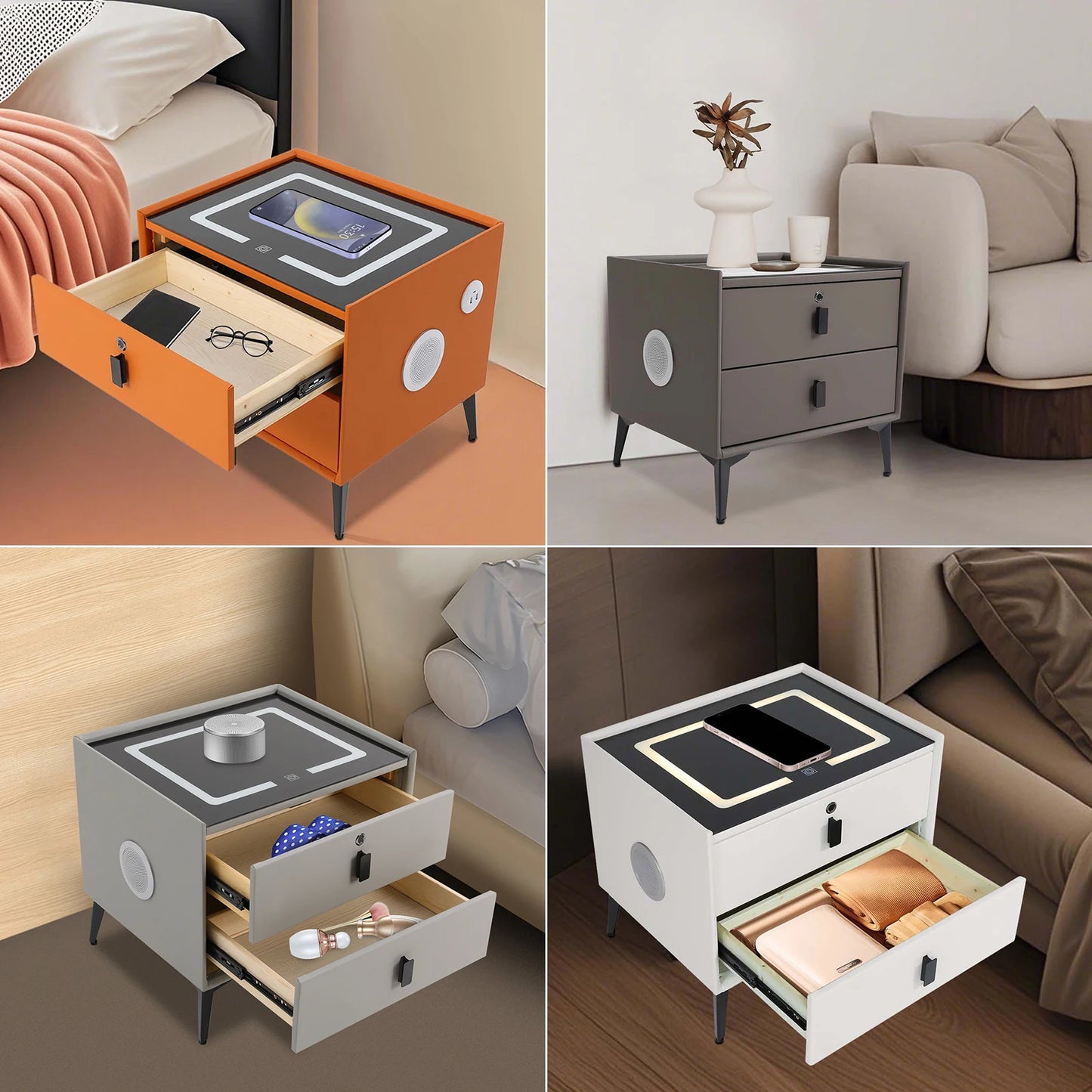 Modern Rectangular Bedside Table With Fingerprint Lock Drawers Bluetooth Speaker Smart Light USB& Wireless Charger