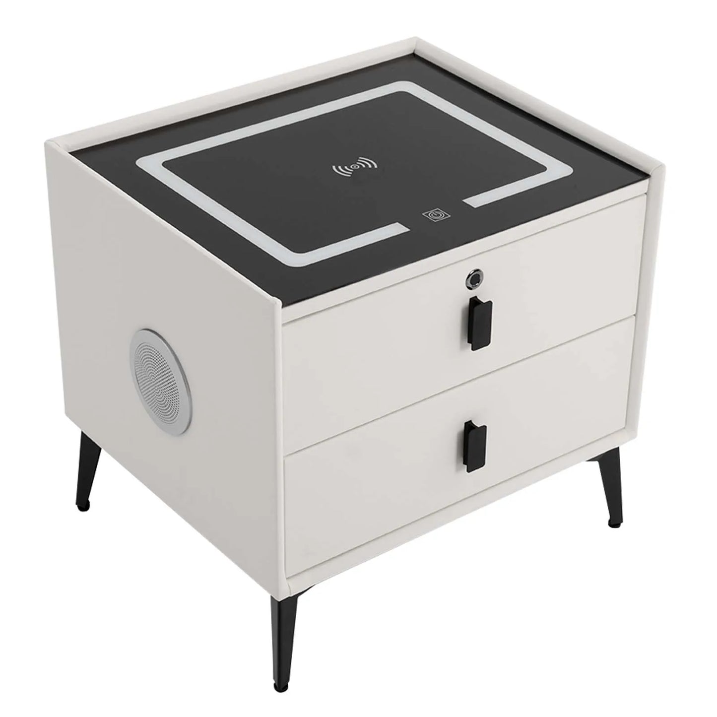 Modern Rectangular Bedside Table With Fingerprint Lock Drawers Bluetooth Speaker Smart Light USB& Wireless Charger