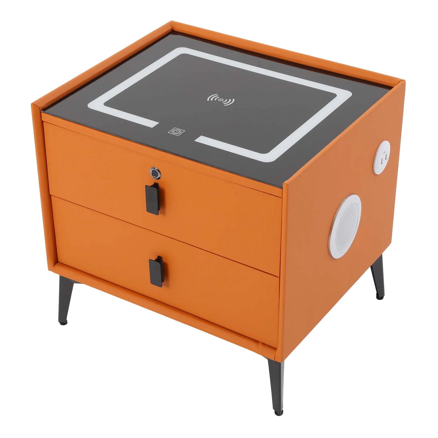 Modern Rectangular Bedside Table With Fingerprint Lock Drawers Bluetooth Speaker Smart Light USB& Wireless Charger