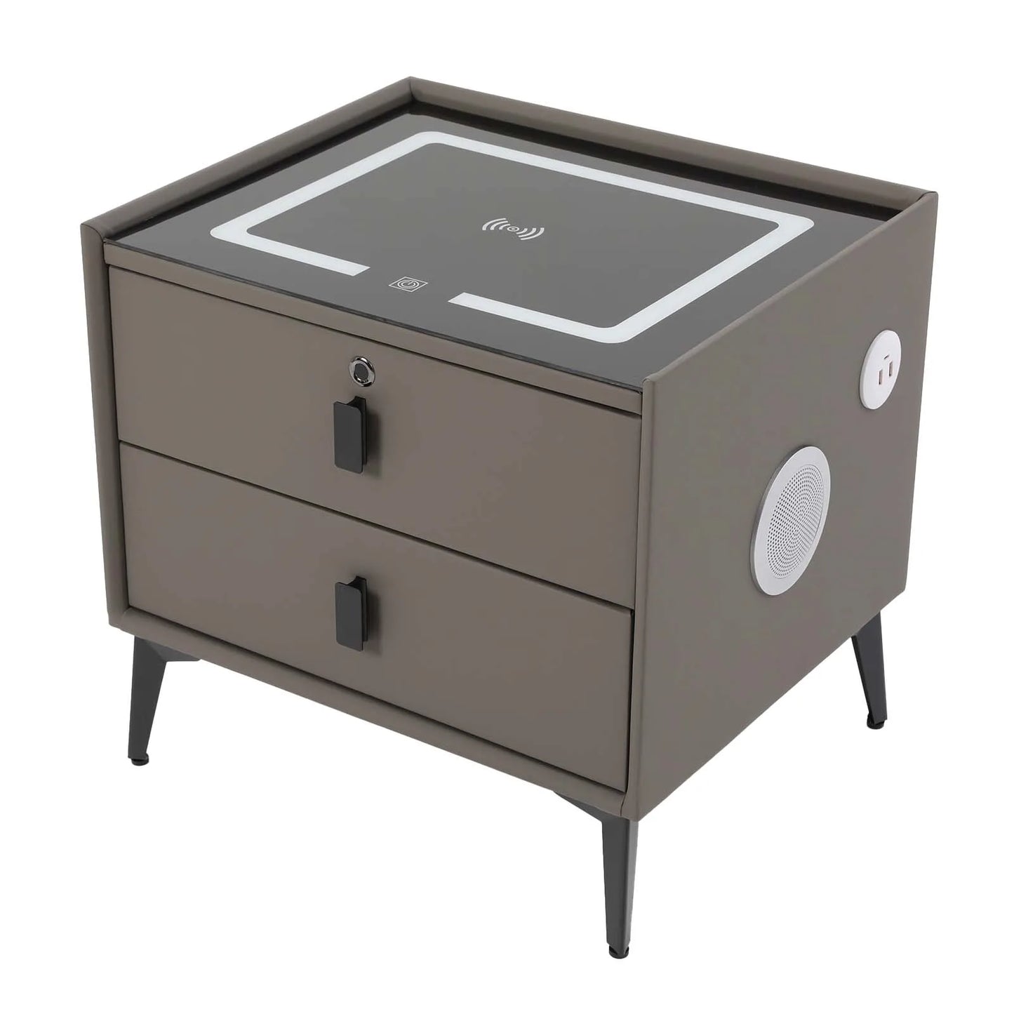 Modern Rectangular Bedside Table With Fingerprint Lock Drawers Bluetooth Speaker Smart Light USB& Wireless Charger